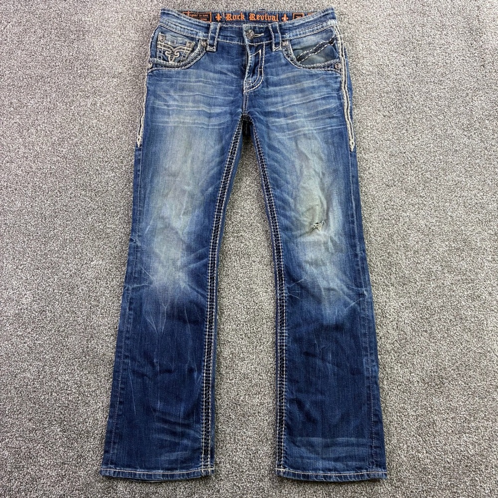 Rock Revival Auster Boot Jeans Mens 30 Blue Cotton Distressed Denim White Stitch